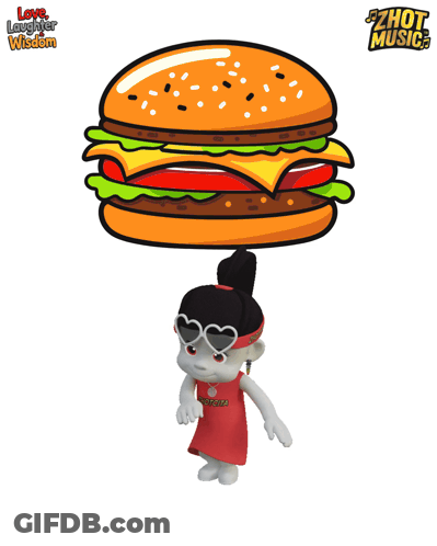 A Cartoon Of A Girl Holding A Hamburger On Her Head With The Words Love Laughter Wisdom Above It GIF