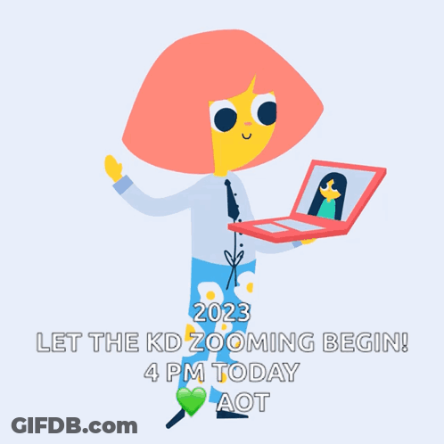 A Cartoon Of A Girl Holding A Laptop With The Words " Let The Kd Zooming Begin " GIF