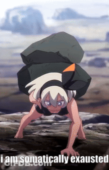 A Cartoon Of A Girl Holding A Large Rock With The Words I Am Somatically Exhausted GIF
