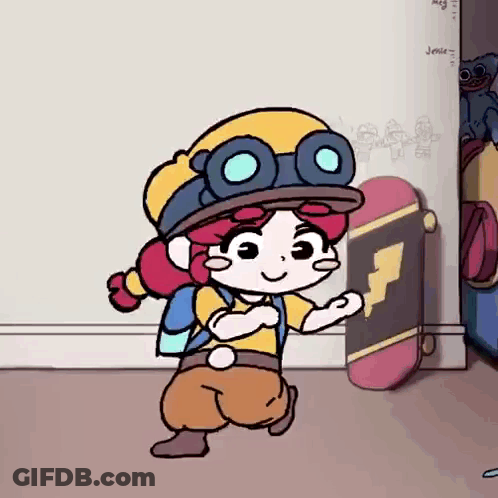 A Cartoon Of A Girl Holding A Skateboard In Her Hand . GIF