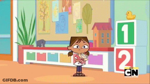 A Cartoon Of A Girl Holding A Stuffed Animal With The Letters Cn On The Bottom Right GIF