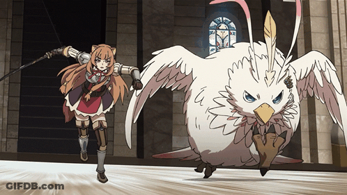 A Cartoon Of A Girl Holding A Sword And A Bird With Feathers GIF