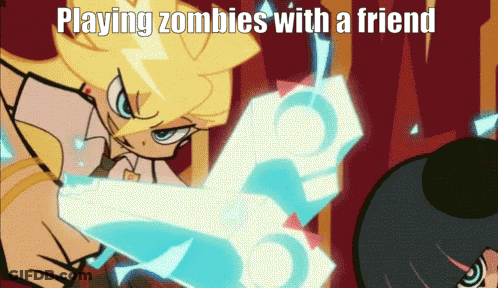 A Cartoon Of A Girl Holding A Sword With The Words Playing Zombies With A Friend GIF