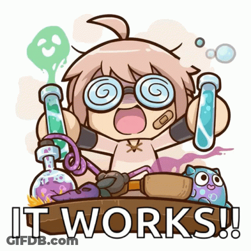 A Cartoon Of A Girl Holding A Test Tube With The Words " It Works " On The Bottom GIF