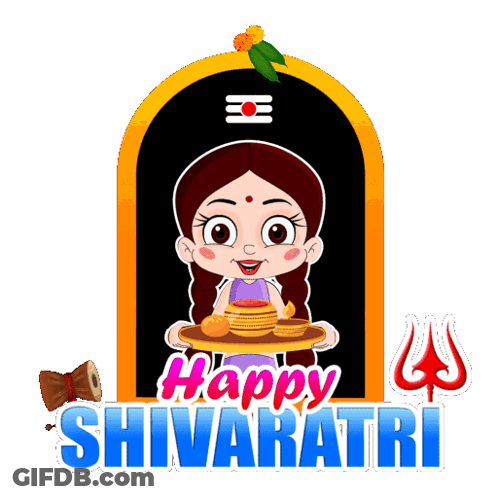 A Cartoon Of A Girl Holding A Tray With The Words Happy Shivaratri Written Below Her GIF