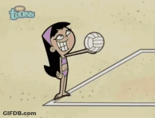 A Cartoon Of A Girl Holding A Volleyball With The Word Toons On The Bottom GIF