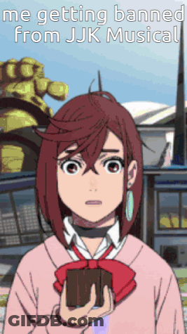 A Cartoon Of A Girl Holding A Wallet With The Words Me Getting Banned From Jjk Musical GIF