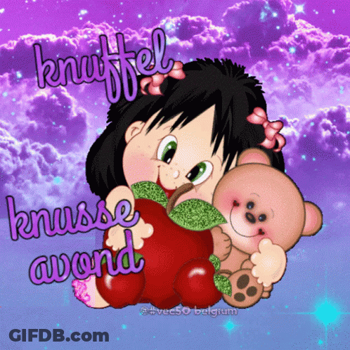 A Cartoon Of A Girl Holding An Apple And A Teddy Bear With The Words Knuffel Knusse Avond GIF