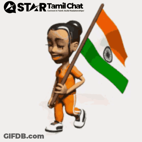 A Cartoon Of A Girl Holding An Indian Flag With A Star Tamil Chat Logo Behind Her GIF
