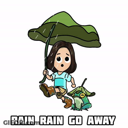 A Cartoon Of A Girl Holding An Umbrella Next To A Frog With The Words Rain Rain Go Away Below Her GIF