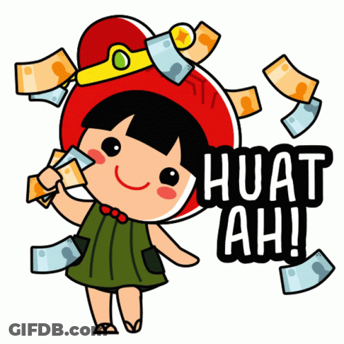 A Cartoon Of A Girl Holding Money With Huat Ah Written Below Her GIF