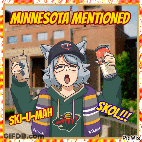 A Cartoon Of A Girl Holding Two Cups Of Coffee With The Caption Minnesota Mentioned Ski-U-Mah GIF