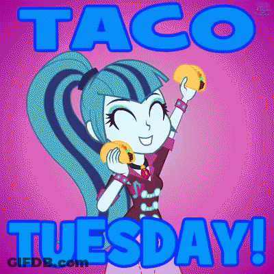 A Cartoon Of A Girl Holding Two Tacos With The Words Taco Tuesday GIF