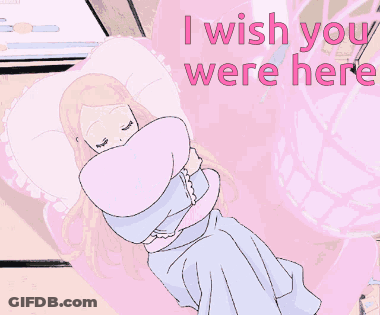 A Cartoon Of A Girl Hugging A Pillow With The Words " I Wish You Were Here " GIF