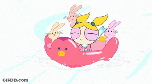 A Cartoon Of A Girl In A Boat With Rabbits And The Words Yaaaay In White GIF