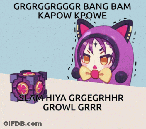 A Cartoon Of A Girl In A Cat Costume With The Words Slam Hiya Grgegrhhhr Growl Grrr GIF