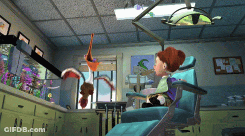 A Cartoon Of A Girl In A Dental Chair With A Sign That Says Dental Clinic GIF