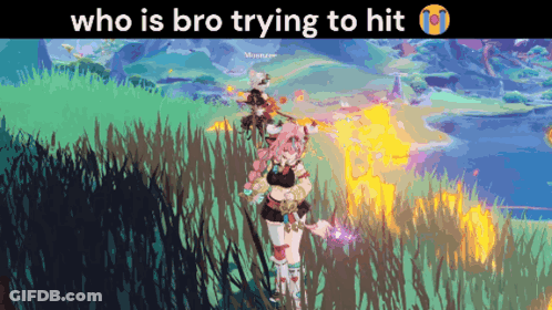 A Cartoon Of A Girl In A Field With The Words `` Who Is Bro Trying To Hit '' On The Bottom . GIF