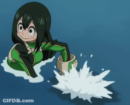 A Cartoon Of A Girl In A Green And Black Suit Splashing Water GIF