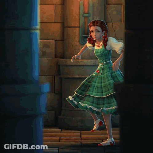 A Cartoon Of A Girl In A Green Plaid Dress And Red Shoes GIF