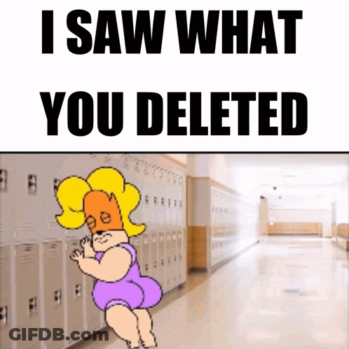 A Cartoon Of A Girl In A Hallway With The Words I Saw What You Deleted GIF