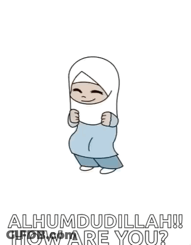 A Cartoon Of A Girl In A Hijab With Her Arms In The Air And The Words `` How Are You '' . GIF