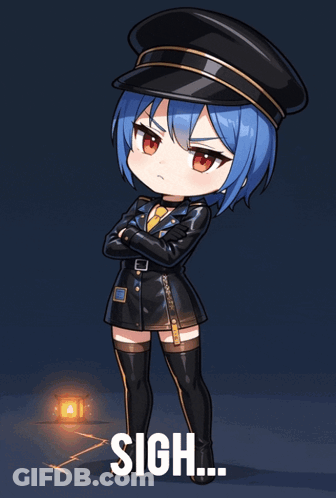 A Cartoon Of A Girl In A Military Uniform With The Words Sigh Behind Her GIF