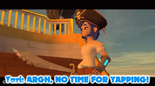A Cartoon Of A Girl In A Pirate Hat With The Words " Tari Argh No Time For Yapping " GIF