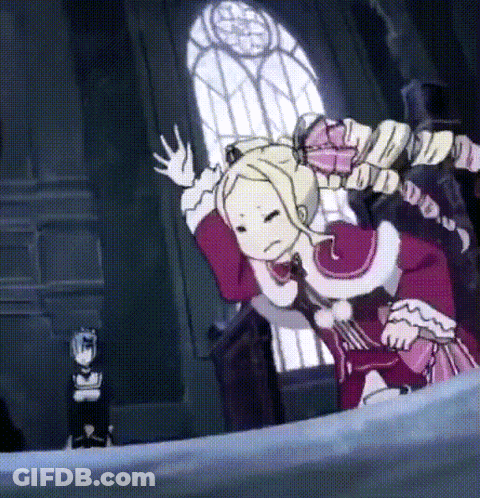 A Cartoon Of A Girl In A Red Dress Standing In Front Of A Window . GIF