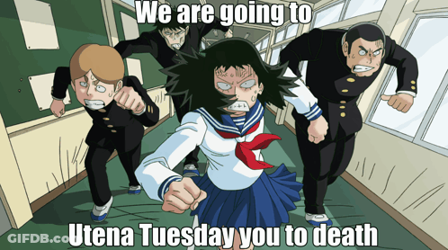 A Cartoon Of A Girl In A School Uniform Running With A Caption That Says We Are Going To Utena Tuesday GIF