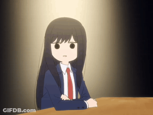 A Cartoon Of A Girl In A Suit And Tie Sitting At A Table GIF