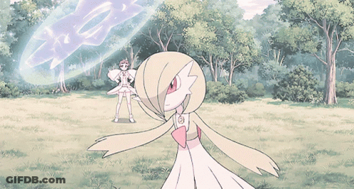 A Cartoon Of A Girl In A White Dress Standing In A Field With Trees In The Background GIF