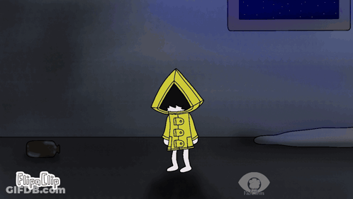 A Cartoon Of A Girl In A Yellow Raincoat Standing Next To A Cardboard Box Man GIF