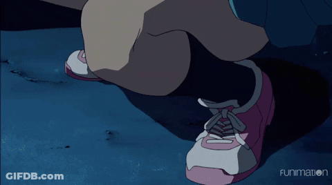 A Cartoon Of A Girl Kneeling Down With Funimation In The Corner GIF