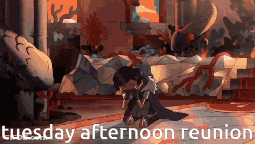 A Cartoon Of A Girl Kneeling Down With The Words Tuesday Afternoon Reunion Written Below Her . GIF