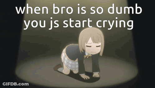 A Cartoon Of A Girl Kneeling Down With The Words " When Bro Is So Dumb You Js Start Crying " Above Her GIF