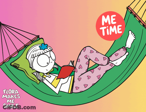 A Cartoon Of A Girl Laying In A Hammock Reading A Book With The Words " Me Time " Above Her GIF