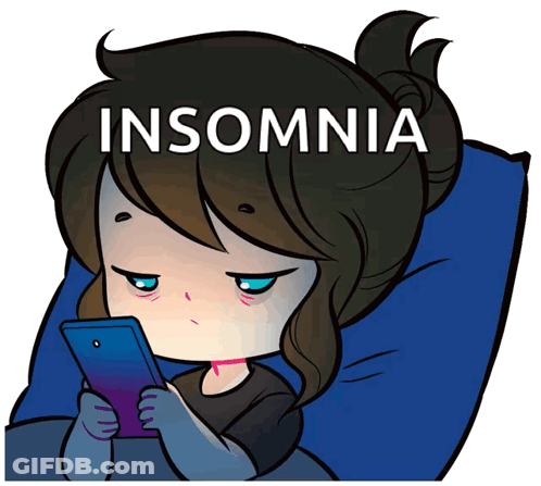 A Cartoon Of A Girl Laying In Bed Looking At Her Phone With The Word Insomnia Above Her GIF