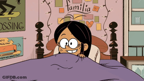 A Cartoon Of A Girl Laying In Bed With A Sign That Says Familia On It GIF