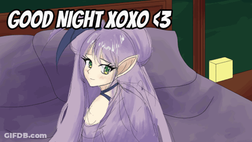 A Cartoon Of A Girl Laying On A Bed With The Words Good Night Xoxo < 3 Above Her GIF