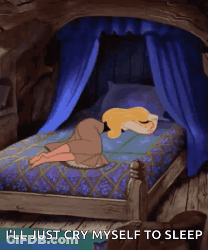 A Cartoon Of A Girl Laying On A Bed With The Words I 'Ll Just Cry Myself To Sleep Below Her GIF