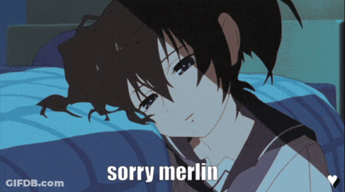A Cartoon Of A Girl Laying On A Bed With The Words Sorry Merlin Written Below Her GIF