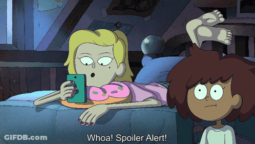 A Cartoon Of A Girl Laying On A Bed With The Words Whoa Spoiler Alert On The Bottom GIF