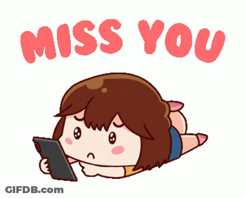 A Cartoon Of A Girl Laying On Her Stomach Looking At A Tablet With The Words Miss You Below Her GIF