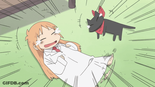 A Cartoon Of A Girl Laying On The Ground With A Black Cat Behind Her GIF