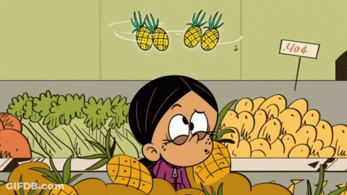 A Cartoon Of A Girl Looking At Pineapples In A Store GIF