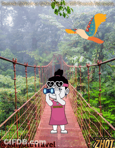 A Cartoon Of A Girl Looking Through Binoculars On A Bridge With A Bird Flying In The Background GIF