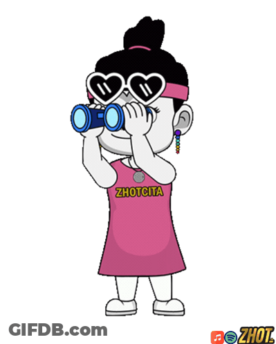 A Cartoon Of A Girl Looking Through Binoculars With Zhutcita Written On Her Shirt GIF