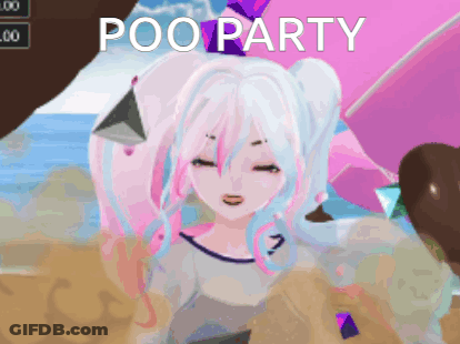A Cartoon Of A Girl On A Beach With The Words Poo Party Below Her GIF
