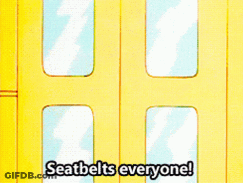 A Cartoon Of A Girl On A Bus With The Words Seatbelts Everyone GIF